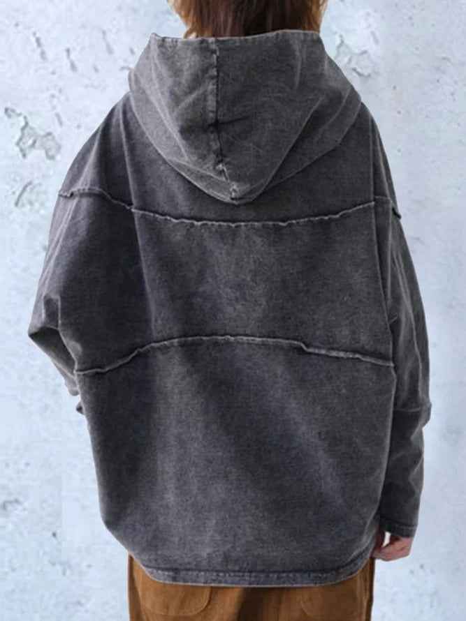 Sudadera Gris Oscuro Lavada Cómoda para Mujer con Cuello Drapeado Asimétrico, Manga Larga y Estilo Oversize