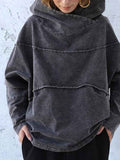 Sudadera Gris Oscuro Lavada Cómoda para Mujer con Cuello Drapeado Asimétrico, Manga Larga y Estilo Oversize