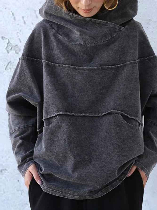 Sudadera Gris Oscuro Lavada Cómoda para Mujer con Cuello Drapeado Asimétrico, Manga Larga y Estilo Oversize