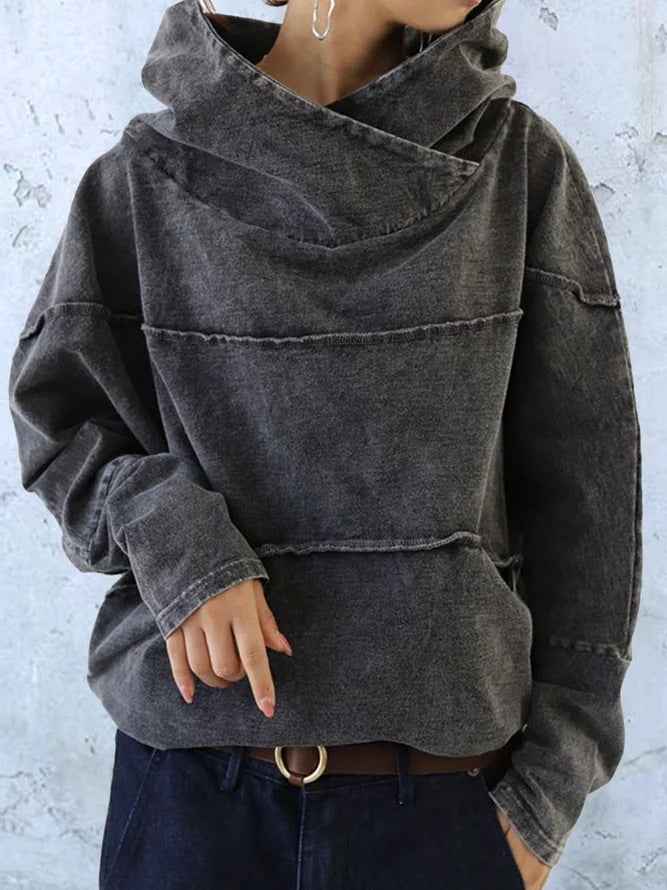 Sudadera Gris Oscuro Lavada Cómoda para Mujer con Cuello Drapeado Asimétrico, Manga Larga y Estilo Oversize