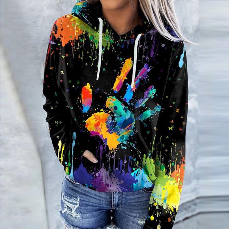 Sudadera Estampada Gráfica Cómoda para Mujer con Capucha de Cordón, Manga Larga, Bolsillo Canguro y Estilo Relajado