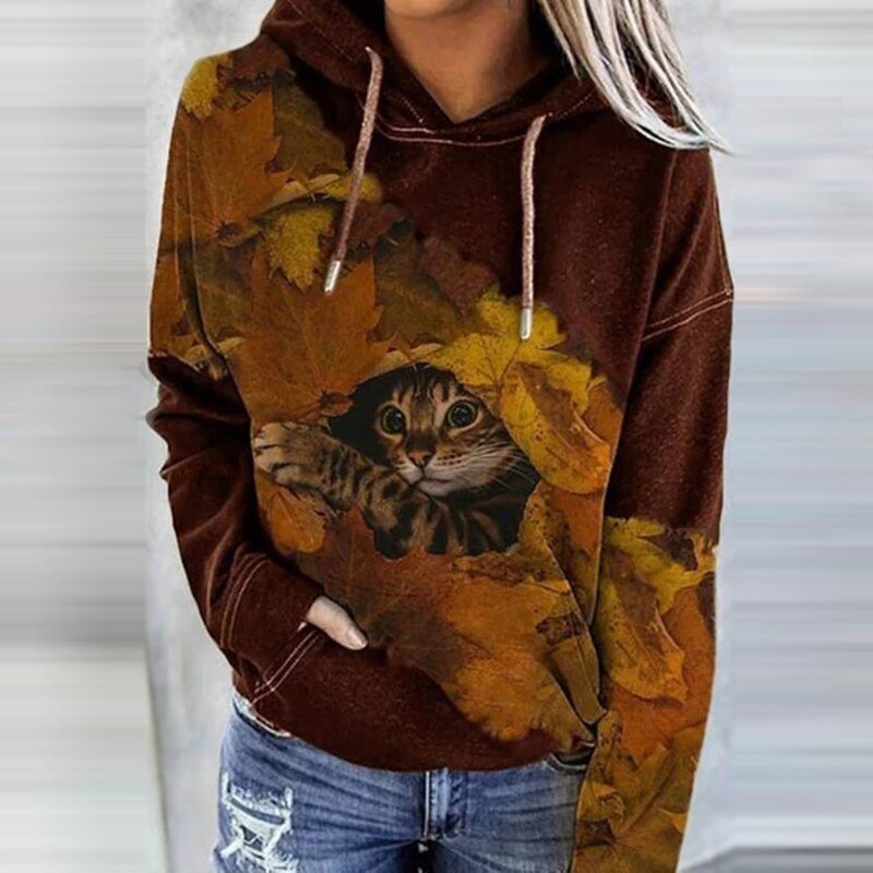 Sudadera Estampada Gráfica Cómoda para Mujer con Capucha de Cordón, Manga Larga, Bolsillo Canguro y Estilo Relajado