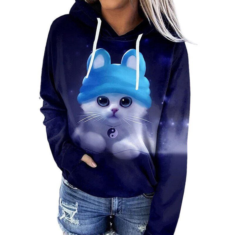 Sudadera Estampada Gráfica Cómoda para Mujer con Capucha de Cordón, Manga Larga, Bolsillo Canguro y Estilo Relajado