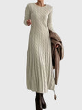 Vestido Jersey de Punto Trenzado Elegante para Mujer con Cuello Redondo, Manga Larga y Estilo Maxi Entallado