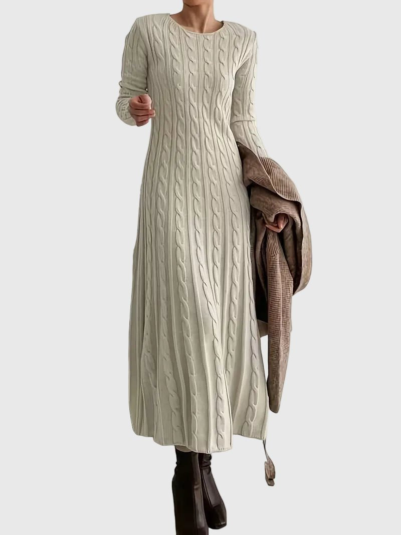 Vestido Jersey de Punto Trenzado Cómodo para Mujer con Cuello Redondo, Manga Larga y Estilo Línea A Entallado