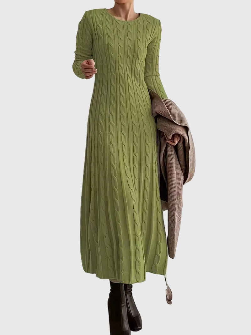 Vestido Jersey de Punto Trenzado Elegante para Mujer con Cuello Redondo, Manga Larga y Estilo Maxi Entallado