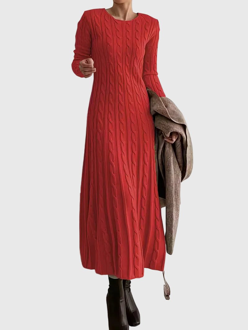 Vestido Jersey de Punto Trenzado Elegante para Mujer con Cuello Redondo, Manga Larga y Estilo Maxi Entallado
