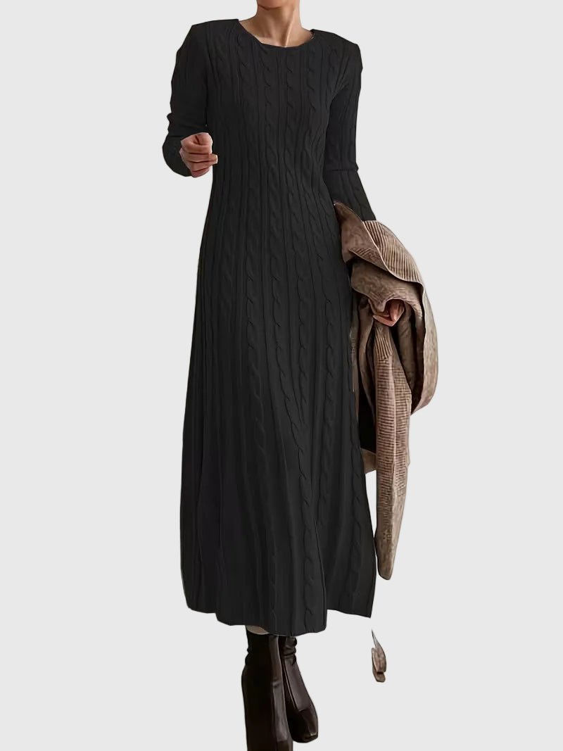 Vestido Jersey de Punto Trenzado Cómodo para Mujer con Cuello Redondo, Manga Larga y Estilo Línea A Entallado