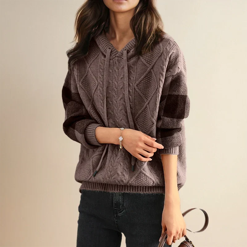 Sudadera de Punto Trenzado Cómoda para Mujer con Capucha de Cordón, Manga Larga, Bloques de Color y Estilo Oversize