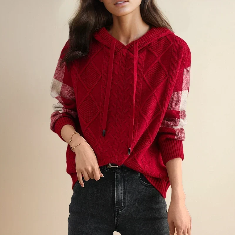 Sudadera de Punto Trenzado Cómoda para Mujer con Capucha de Cordón, Manga Larga, Bloques de Color y Estilo Oversize