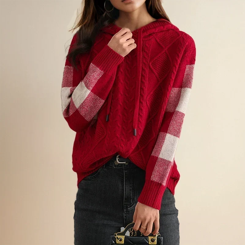 Sudadera de Punto Trenzado Cómoda para Mujer con Capucha de Cordón, Manga Larga, Bloques de Color y Estilo Oversize