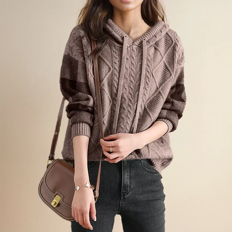 Sudadera de Punto Trenzado Cómoda para Mujer con Capucha de Cordón, Manga Larga, Bloques de Color y Estilo Oversize