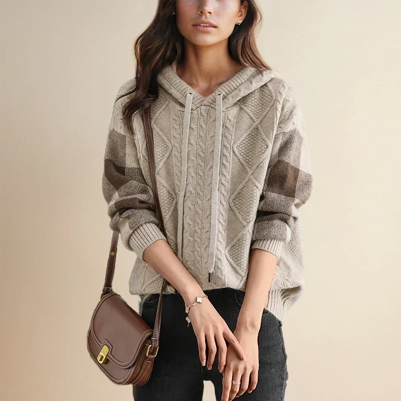 Sudadera de Punto Trenzado Cómoda para Mujer con Capucha de Cordón, Manga Larga, Bloques de Color y Estilo Oversize