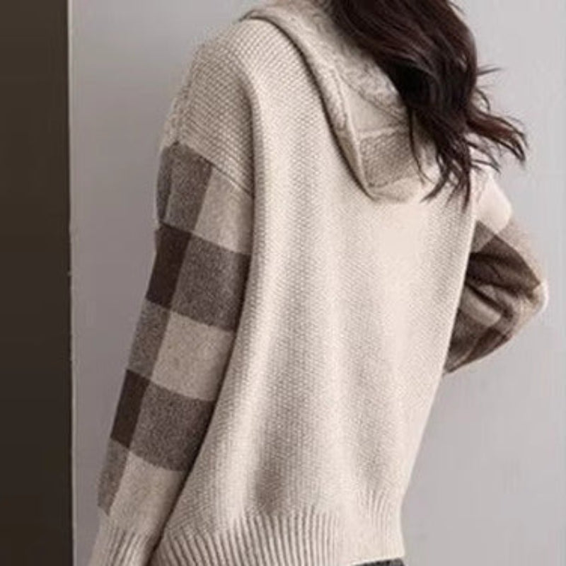 Sudadera de Punto Trenzado Cómoda para Mujer con Capucha de Cordón, Manga Larga, Bloques de Color y Estilo Oversize