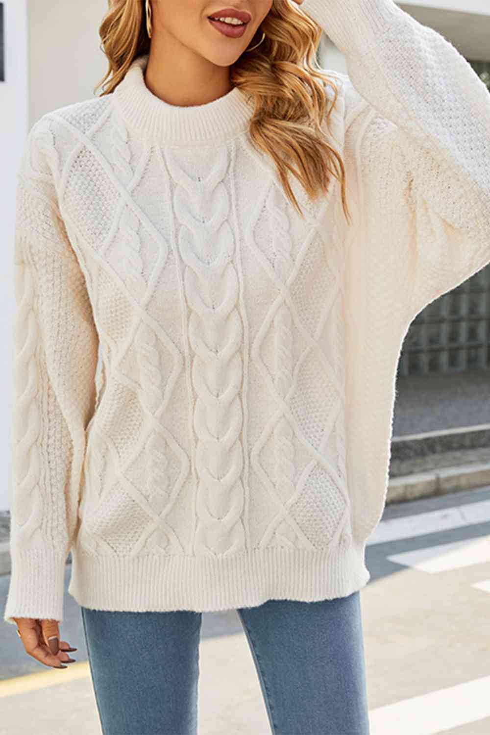 Jersey de Punto Trenzado Acogedor para Mujer con Cuello Alto Simulado, Manga Larga y Estilo Oversize Relajado