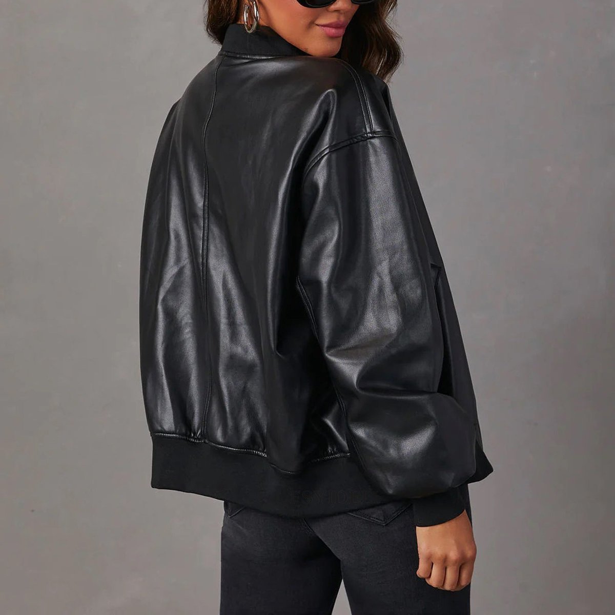 Elegante chaqueta bomber de cuero sintético para mujer, con cuello alto, manga larga, cierre de cremallera, acabados de canalé y estilo oversize