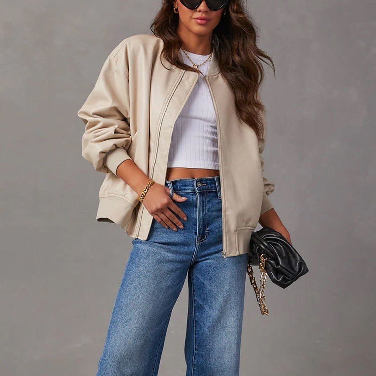 Elegante chaqueta bomber de cuero sintético para mujer, con cuello alto, manga larga, cierre de cremallera, acabados de canalé y estilo oversize