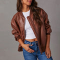 Elegante chaqueta bomber de cuero sintético para mujer, con cuello alto, manga larga, cierre de cremallera, acabados de canalé y estilo oversize