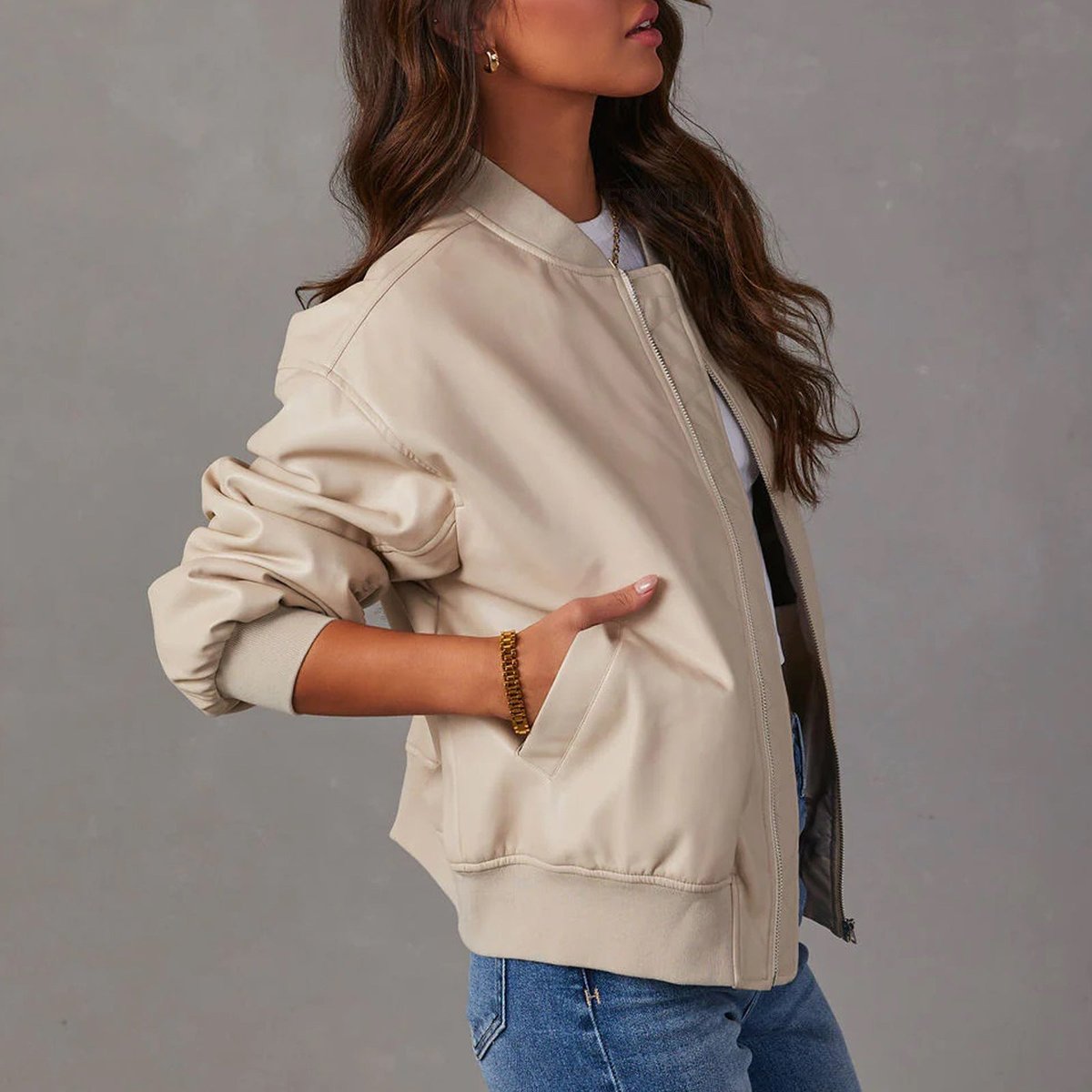Elegante chaqueta bomber de cuero sintético para mujer, con cuello alto, manga larga, cierre de cremallera, acabados de canalé y estilo oversize