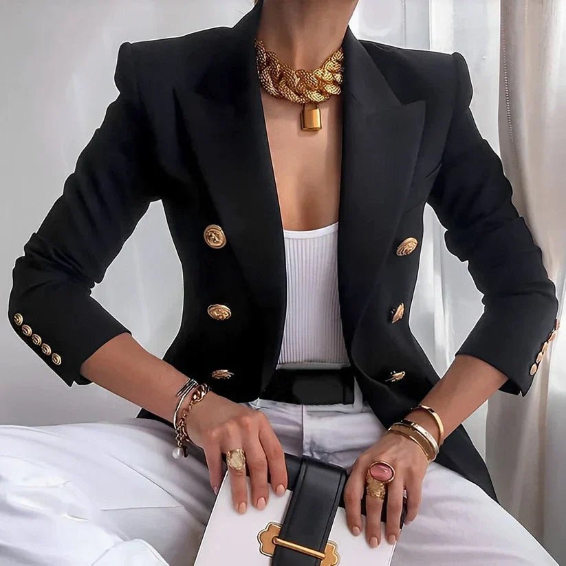 Blazer elegante de corte sastre para mujer con doble botonadura dorada y diseño entallado y estructurado