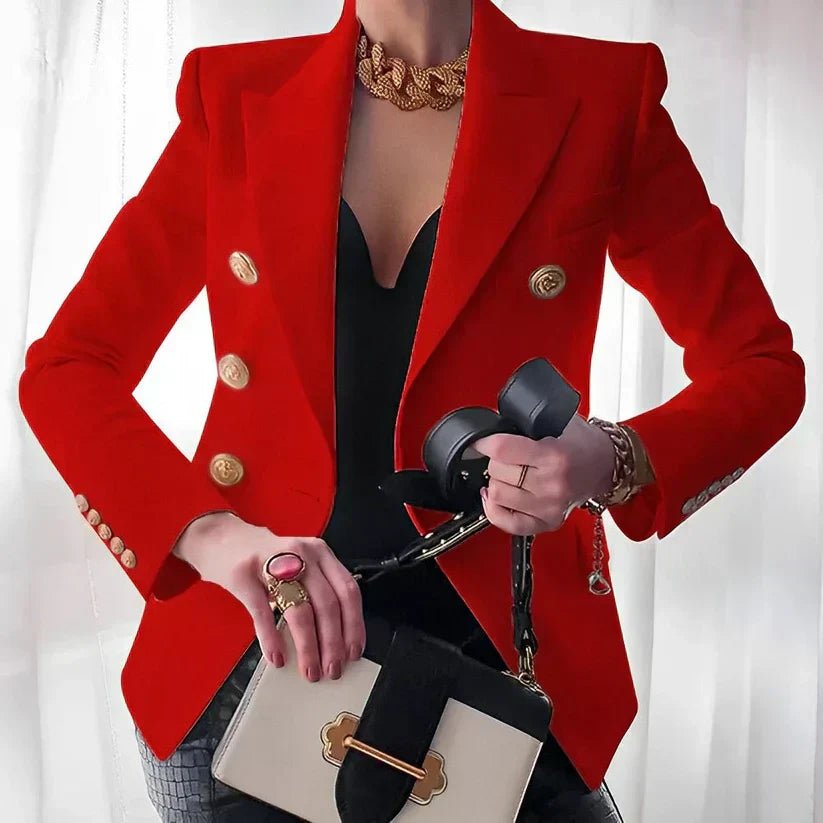 Blazer elegante de corte sastre para mujer con doble botonadura dorada y diseño entallado y estructurado