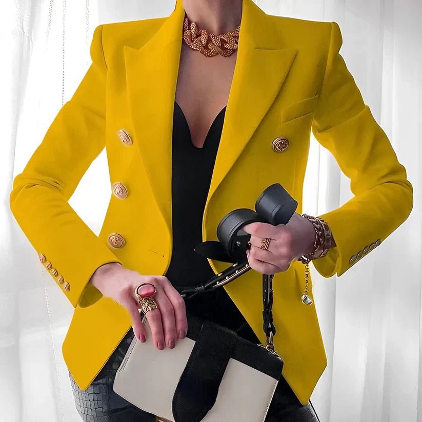 Blazer elegante de corte sastre para mujer con doble botonadura dorada y diseño entallado y estructurado