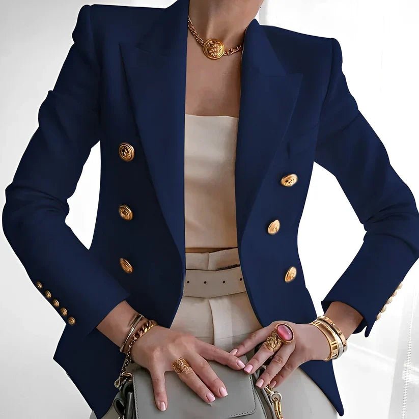 Blazer elegante de corte sastre para mujer con doble botonadura dorada y diseño entallado y estructurado