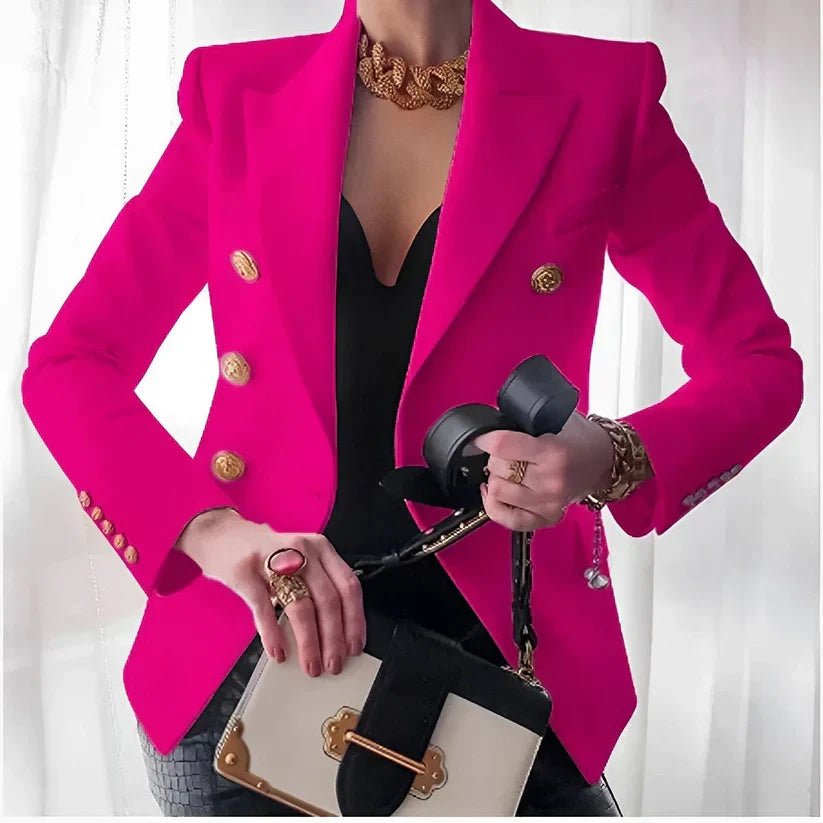 Blazer elegante de corte sastre para mujer con doble botonadura dorada y diseño entallado y estructurado