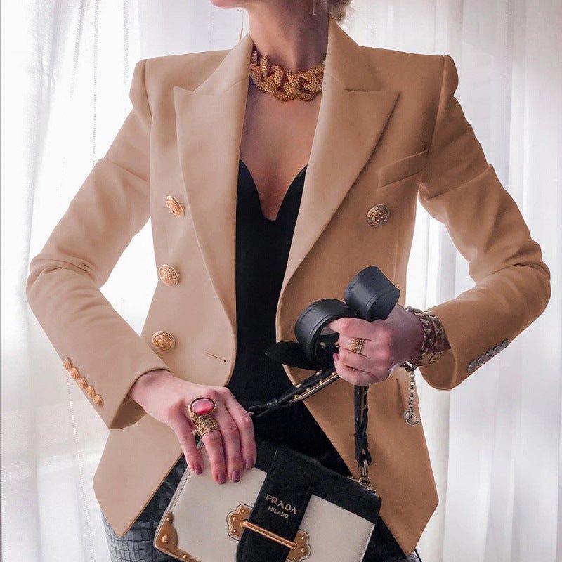 Blazer elegante de corte sastre para mujer con doble botonadura dorada y diseño entallado y estructurado