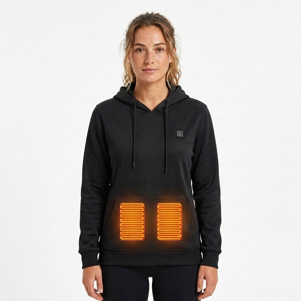 Sudadera Calefactable Negra Cómoda para Mujer con Capucha, Manga Larga, Bolsillo Canguro y Estilo Relajado