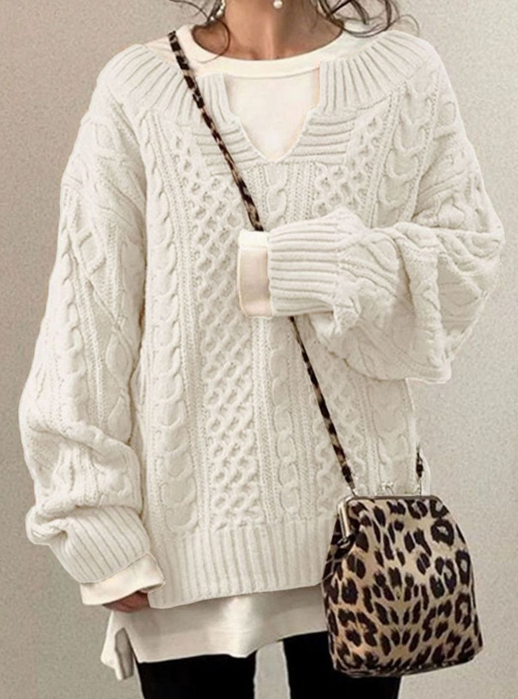 Jersey de Punto Trenzado Cómodo para Mujer con Cuello en V, Manga Larga y Estilo Oversize Relajado e Informal