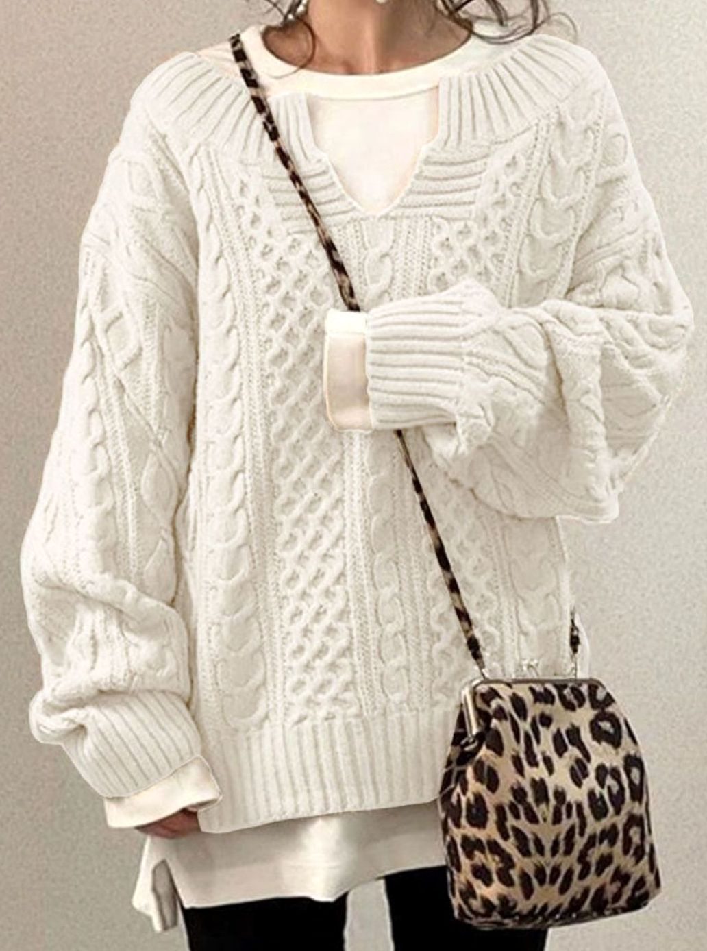 Jersey de Punto Trenzado Cómodo para Mujer con Cuello en V, Manga Larga y Estilo Oversize Relajado e Informal