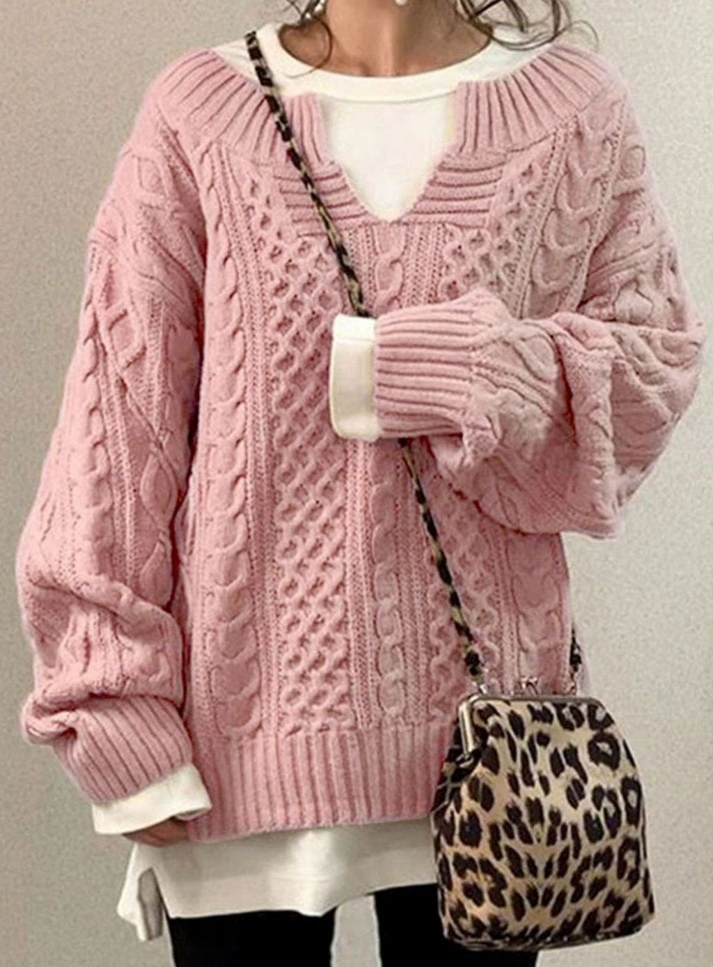 Jersey de Punto Trenzado Cómodo para Mujer con Cuello en V, Manga Larga y Estilo Oversize Relajado e Informal