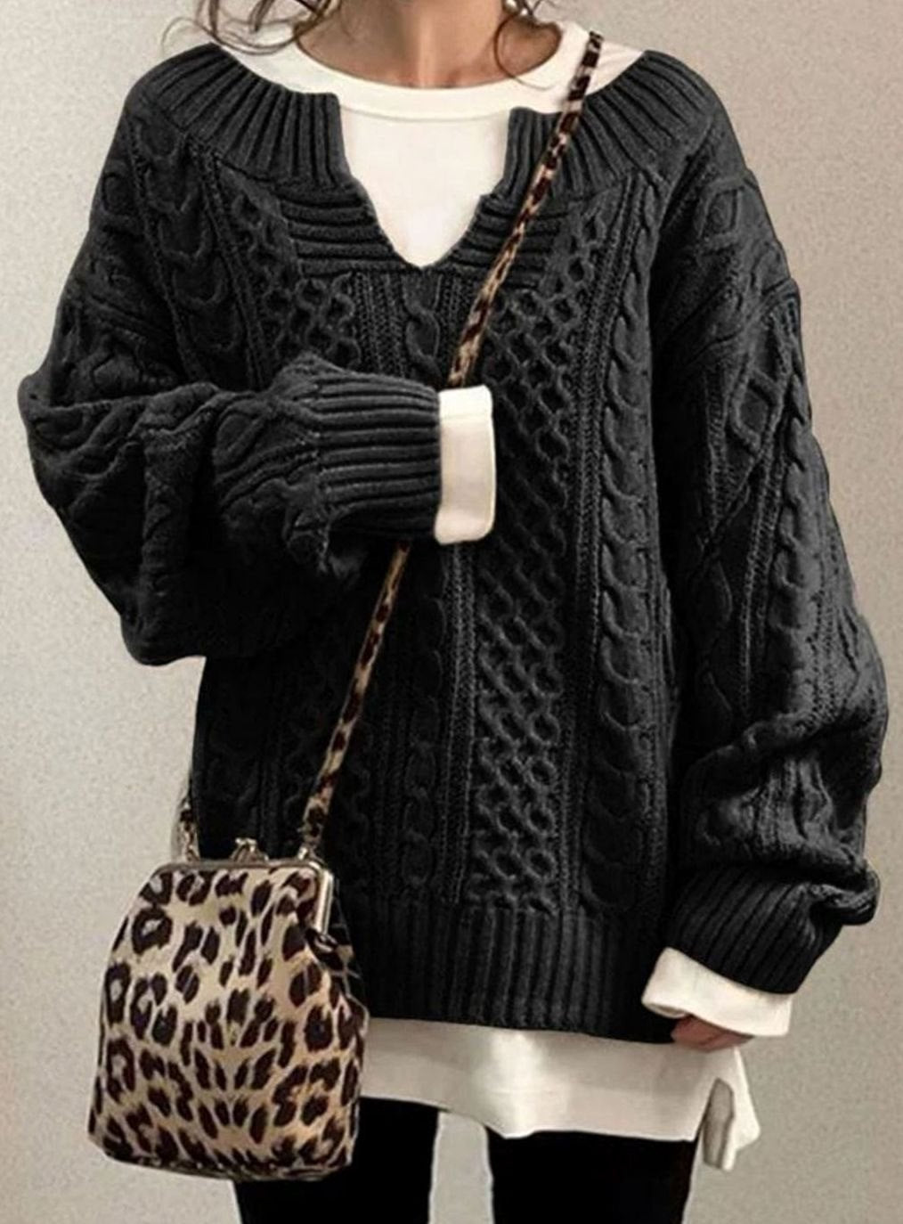 Jersey de Punto Trenzado Cómodo para Mujer con Cuello en V, Manga Larga y Estilo Oversize Relajado e Informal