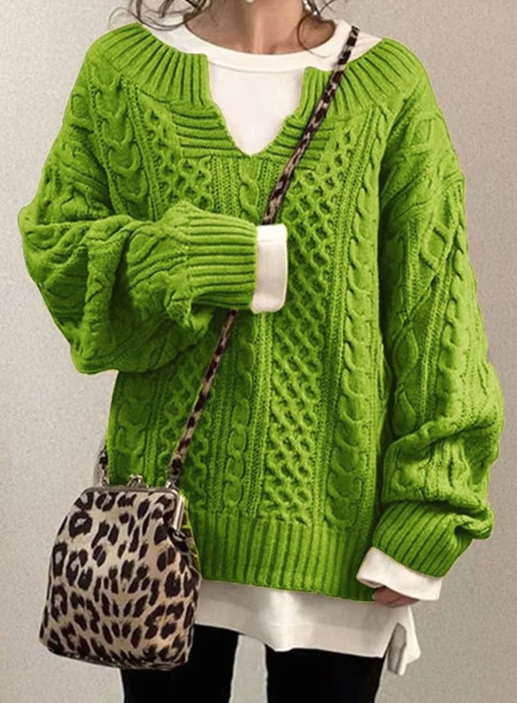 Jersey de Punto Trenzado Cómodo para Mujer con Cuello en V, Manga Larga y Estilo Oversize Relajado e Informal