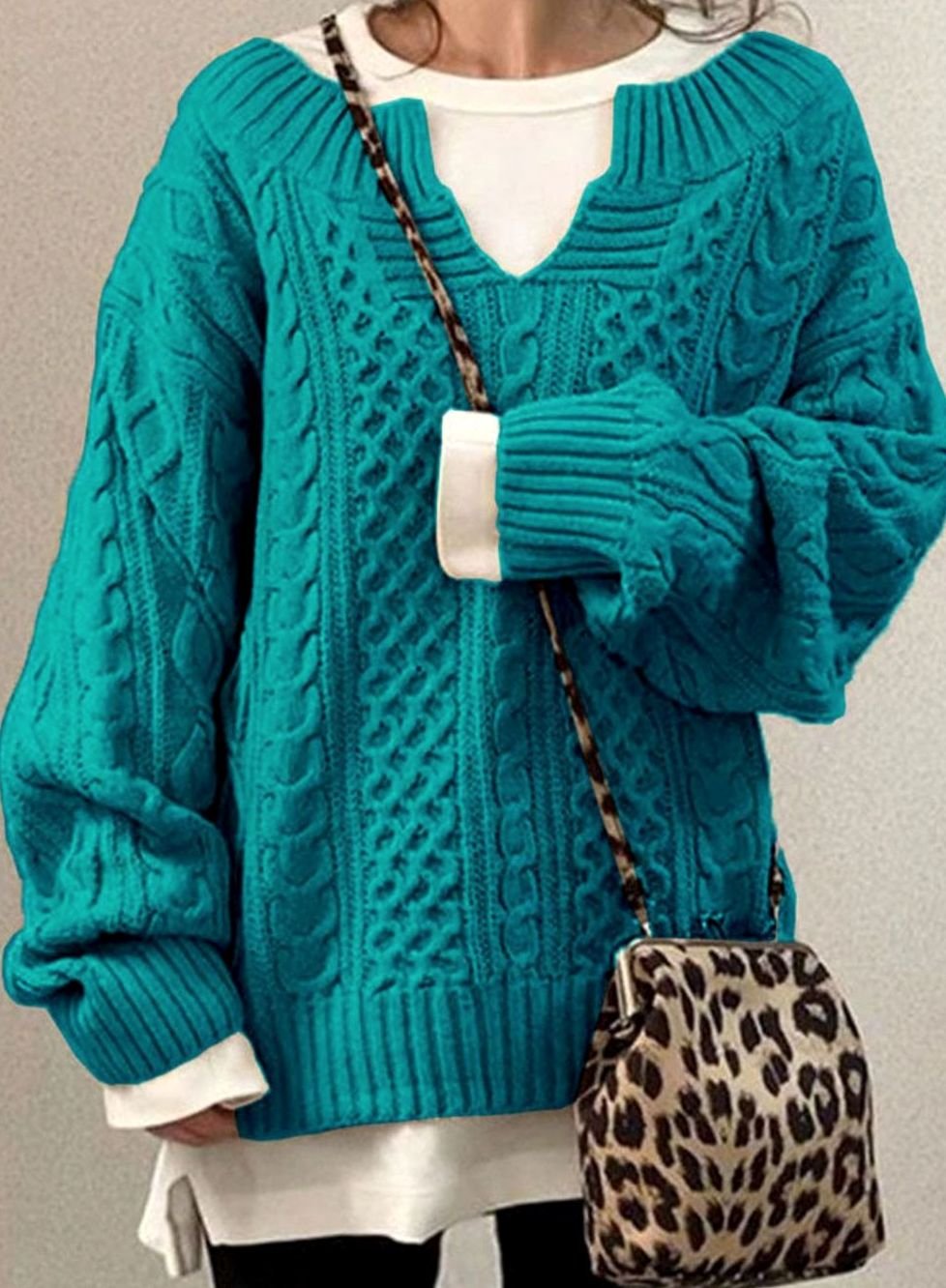 Jersey de Punto Trenzado Cómodo para Mujer con Cuello en V, Manga Larga y Estilo Oversize Relajado e Informal
