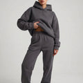 Conjunto de Dos Piezas de Sudadera de Forro Polar Gris Cómoda para Mujer con Manga Larga Corta, Pantalón Jogger y Estilo Relajado