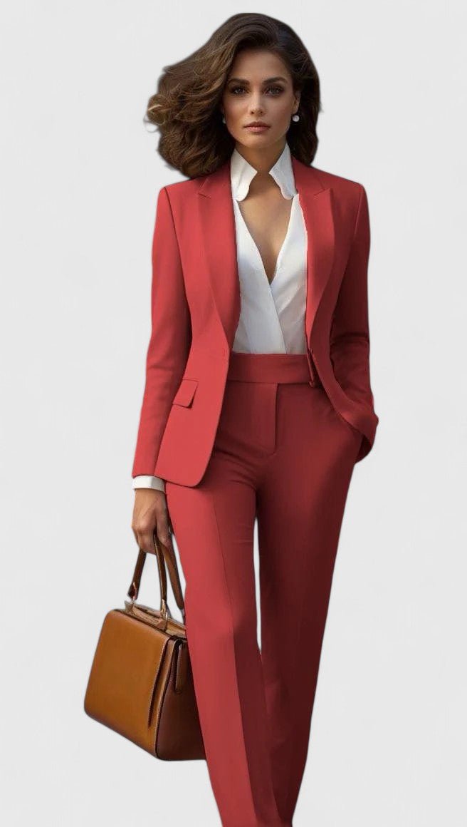 Traje elegante de sastrería para mujer con blazer de solapa, manga larga, pantalón recto y estilo formal