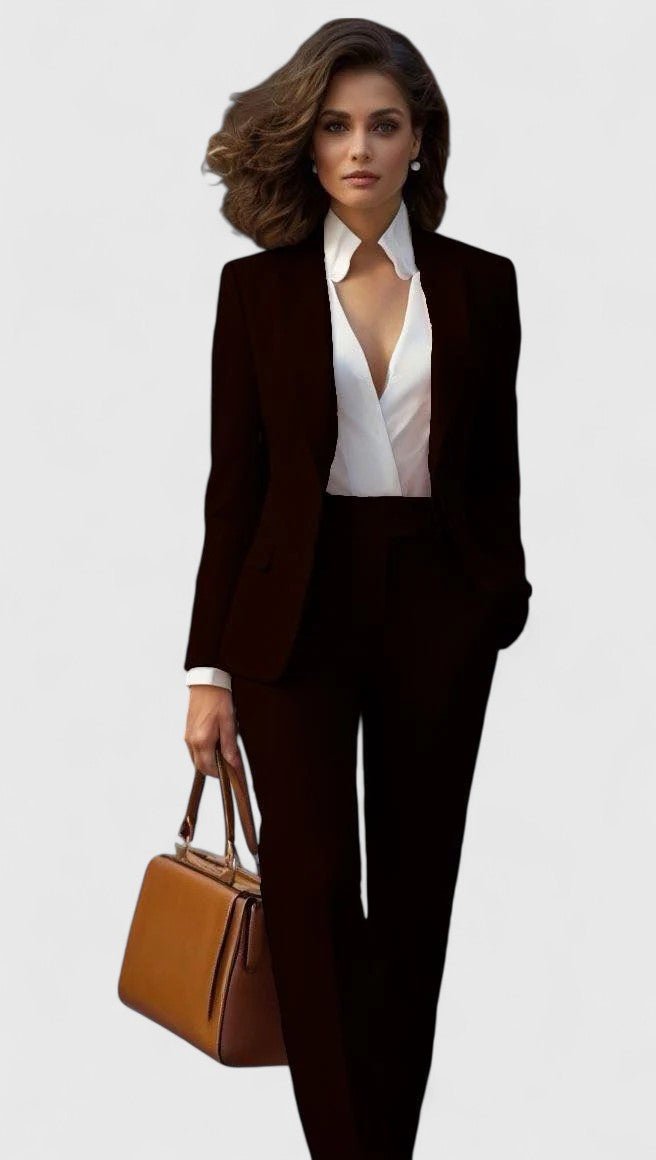 Traje elegante de sastrería para mujer con blazer de solapa, manga larga, pantalón recto y estilo formal