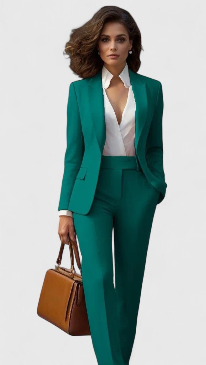 Traje elegante de sastrería para mujer con blazer de solapa, manga larga, pantalón recto y estilo formal