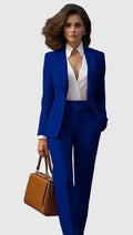 Traje elegante de sastrería para mujer con blazer de solapa, manga larga, pantalón recto y estilo formal