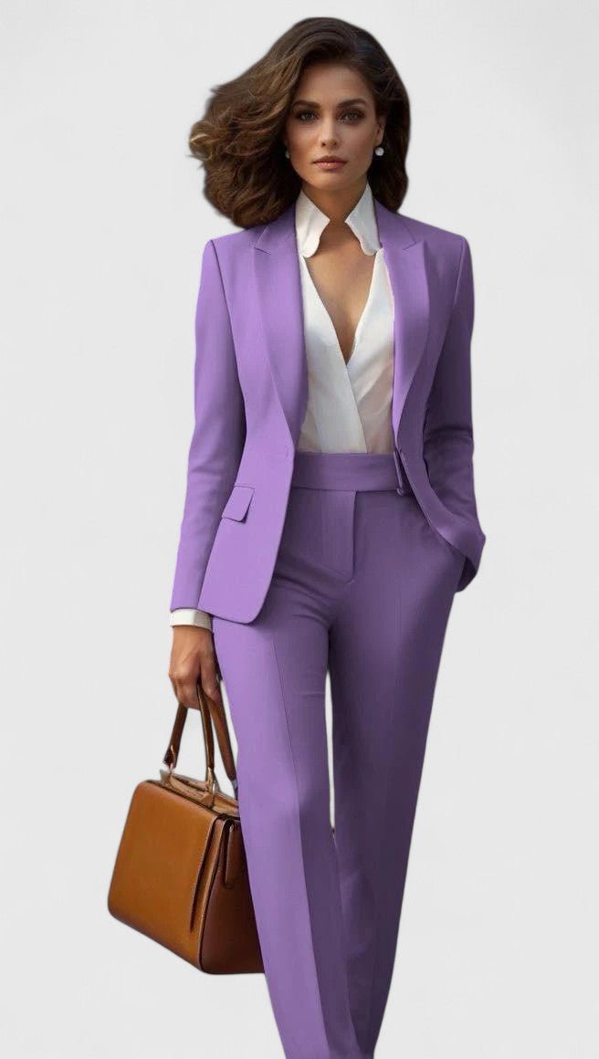 Traje elegante de sastrería para mujer con blazer de solapa, manga larga, pantalón recto y estilo formal