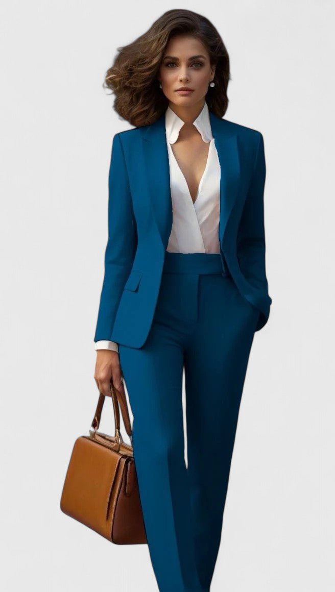 Traje elegante de sastrería para mujer con blazer de solapa, manga larga, pantalón recto y estilo formal